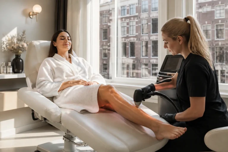 vrouw ligt ontspannen in moderne laserkliniek in amsterdam terwijl huidtherapeut haar onderbeen behandelt met soprano