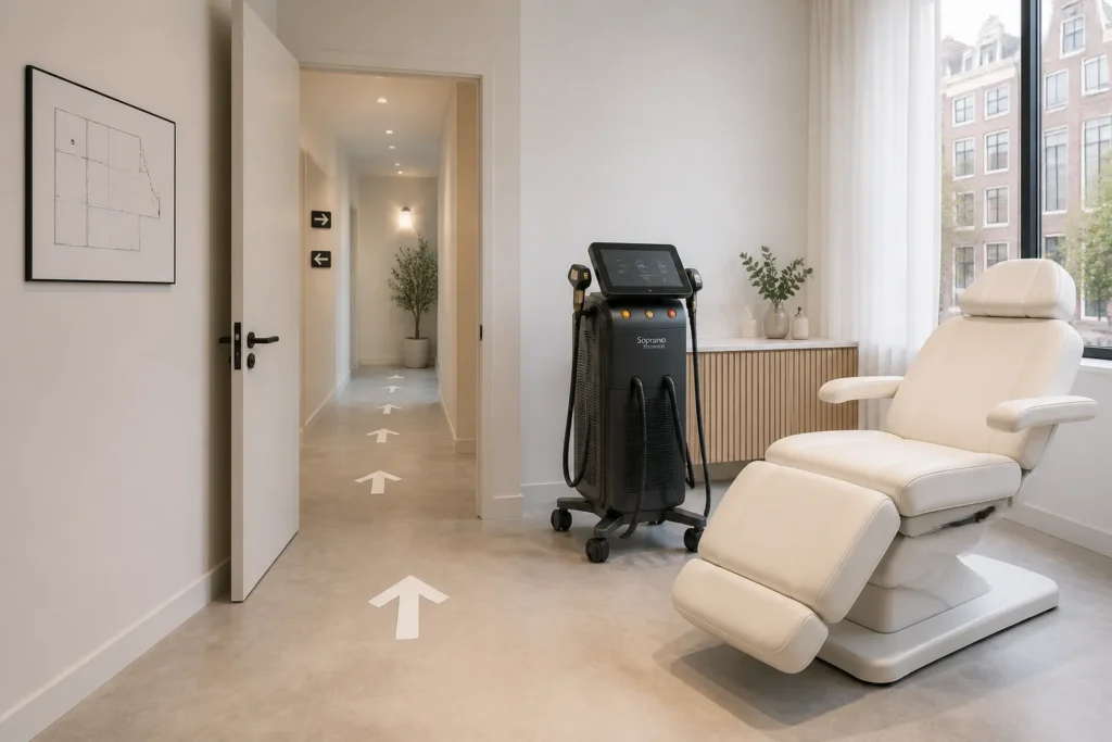 soprano titanium-laserapparaat naast behandelstoel met routepijlen op de vloer in amsterdamse kliniek
