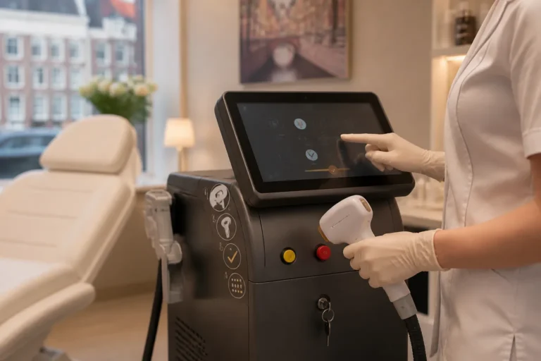 huidspecialist stelt soprano titanium-laserapparaat in naast een comfortabele behandelstoel in een amsterdamse kliniekkamer