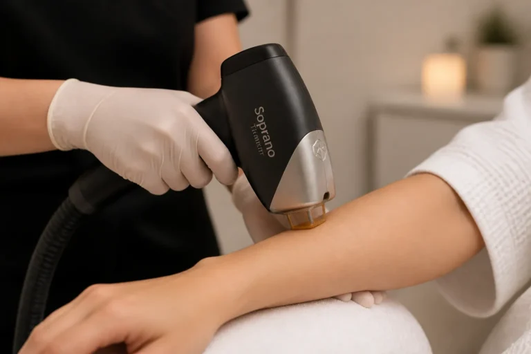 behandelaar met handschoenen plaatst een soprano titanium laserhandstuk op een onderarm in een rustige kliniekruimte