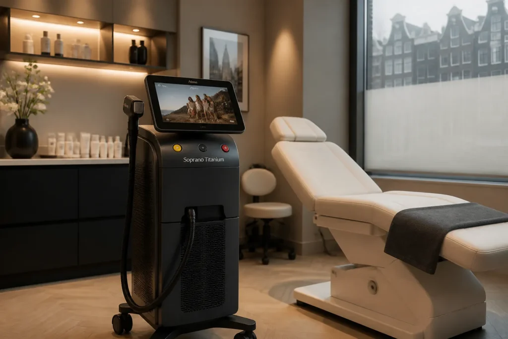 scherp uitgelichte soprano titanium laser in een luxe amsterdamse behandelkamer met behandelstoel