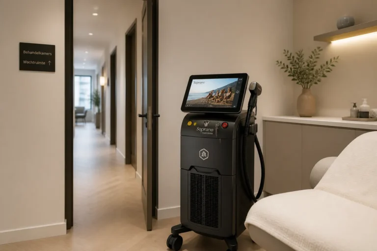 scherp belichte soprano titanium laser als herkenbaar baken in rustige amsterdamse behandelkamer met gang op de achtergrond