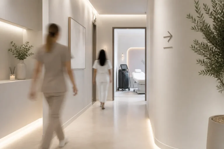 lichte kliniekgang met aan het einde een behandelkamer waar een soprano titanium laserapparaat naast een behandelbed staat