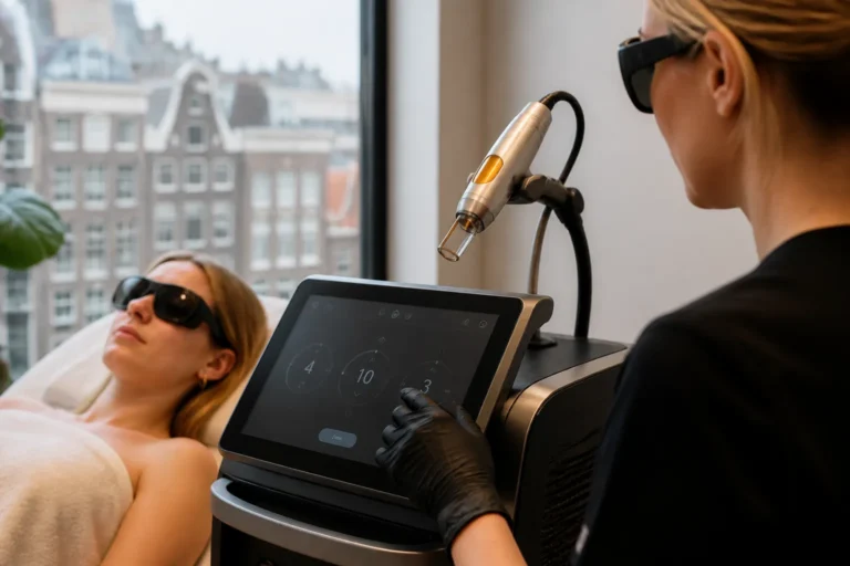 soprano titanium laser in amsterdamse behandelkamer met cliënt op behandelstoel en behandelaar ernaast