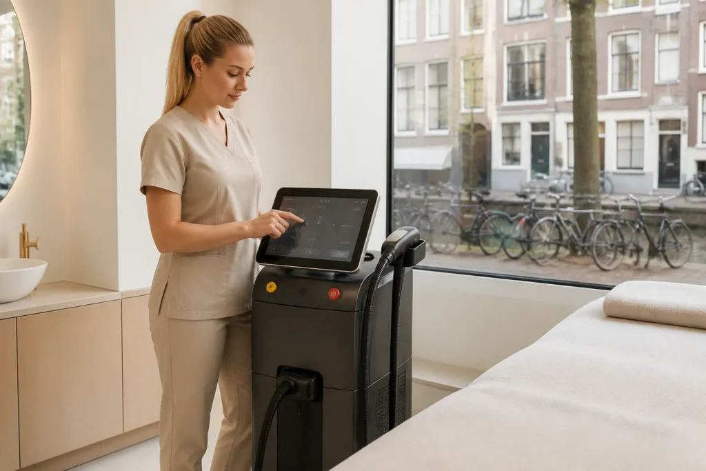 soprano titanium laserapparaat in een luxe amsterdamse behandelkamer met therapeute