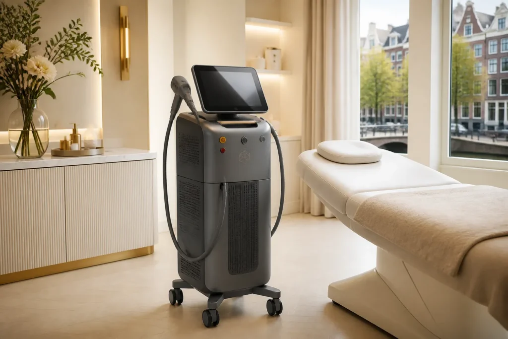 soprano titanium laserapparaat in een lichte luxe behandelkamer met gouden accenten