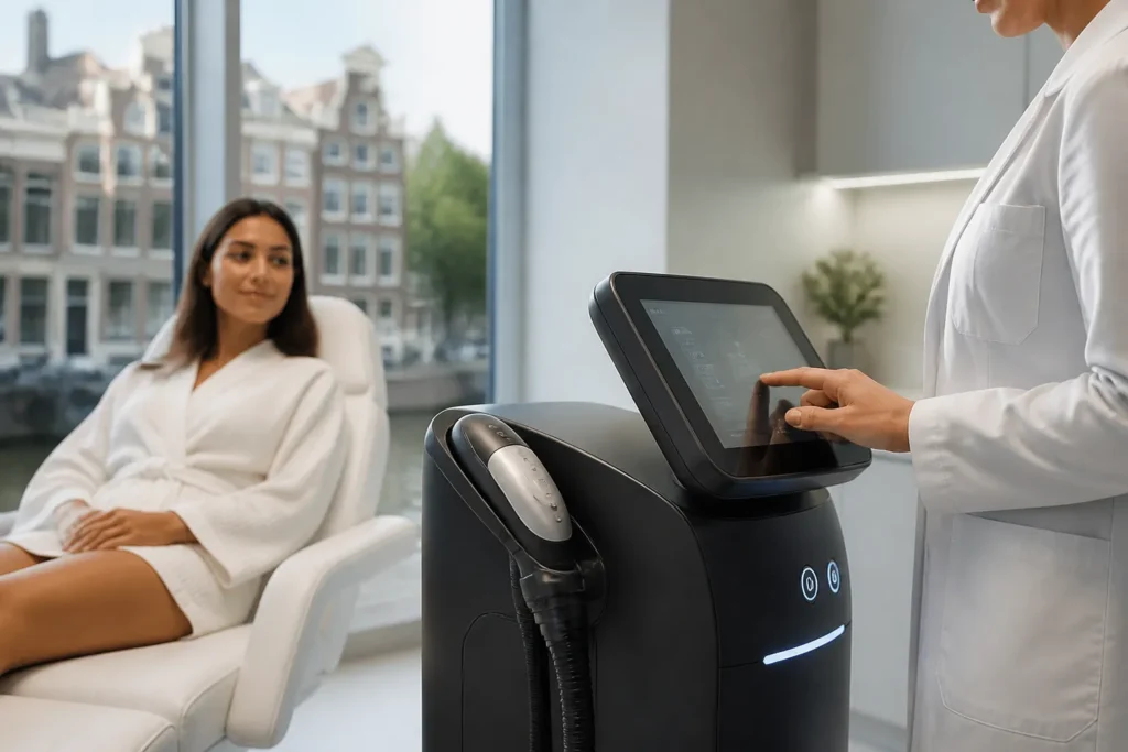 moderne laserkliniek in amsterdam met specialist die een laserapparaat instelt naast een cliënt op de behandelstoel